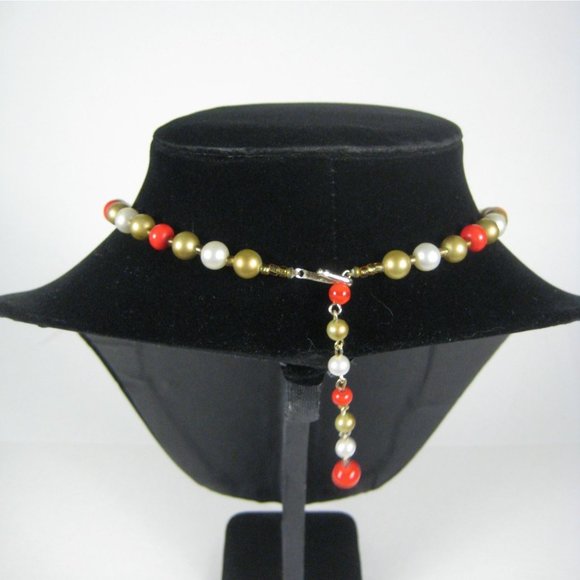 Imitation Pearl Beaded Necklace 18 inch Goldtone Strand Mid Century MOD Tassel - Picture 7 of 9